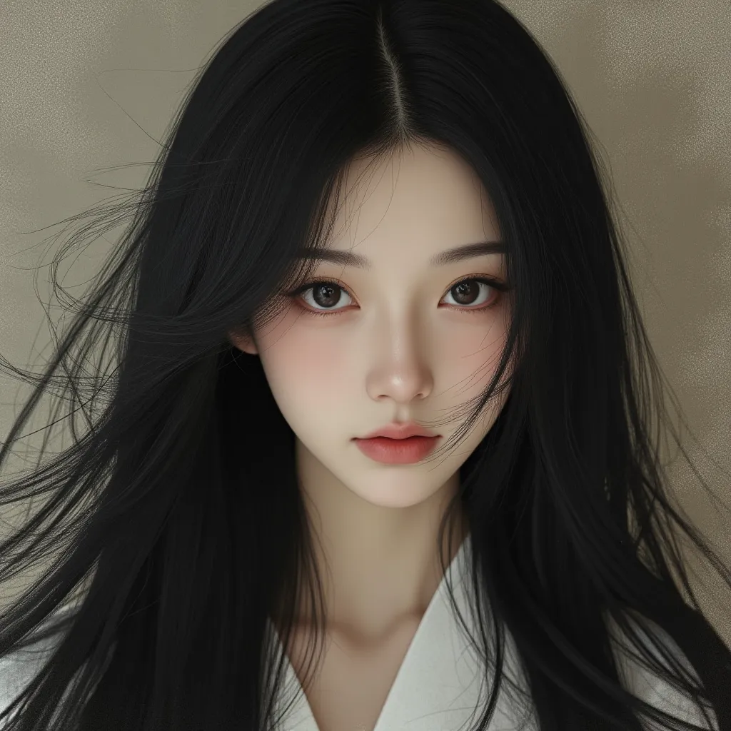 A Chinese, black haired girl, big boba like eyes, pretty mouth, stunning, alluring beauty, best visual ever, pale skin, unique visual, fierce look, 