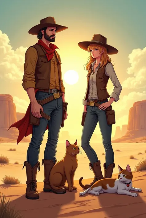 Create picture of male and female cowboy standing  in the desert with one completely brown male cat and one brown and white female cat lying in front of them. Make it in anime style