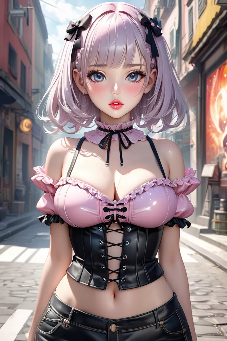  Sexy female kawaii character in street clothes super short kawaii fantasy blouse,  cute exaggerated mini blouse with straps and laces , shiny parts  ,sexy,Busty doll ,Exaggerated art   ,   dazzling skin   ,Anime Art,   Ultra realistic   ,Eyes of God ,   f...