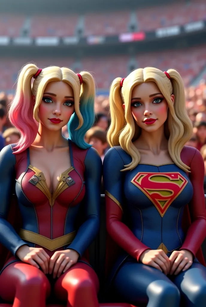 Harley Quinn and Supergirl sat among the massive crowd in the stadium, both facing the camera. The energy of the cheering spectators filled the air, but their expressions told different stories.

Supergirl, sitting quietly, looked disappointed—her eyes dow...