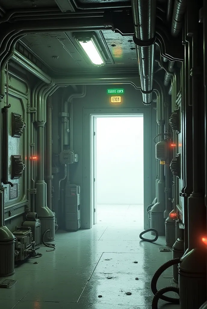 70s sci-fi spaceship interior.  Doorway from an gritty engineering corridor filled with pipes and cables into a crisp white interior. Dimly lit due to power failure and emergency lighting.  