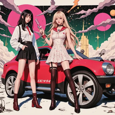 techno pop pop pop pop techno pop pop pop pop white electric car、Pen drawing, beautiful woman in sailor suit、、2000s Ultra Realistic Illustration、Holding a Hand Blaster、、white electric car, Korean、long hair、、white electric car雲と星のファッション、wearing a spacesuit ...