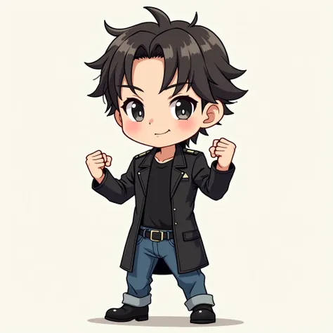  anime, cartoon,Chibi drawing, age boy Tall1, Make a face,with a sly smile,Both arms make a fist pose,มีอมยิ้ม🍭ติดอยู่บนหัว,Wearing a black leather dress,Black inner shirt, black belt ,blue jeans, black leather shoes 