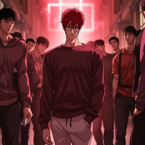 1 man good looks, short red hair, brown eyes, glasses, slim figure, small size, school shirt, sweatpants, school background, high definition, depth of field, best quality, quality
Find a story with a group of bullies with a red aura coming out,