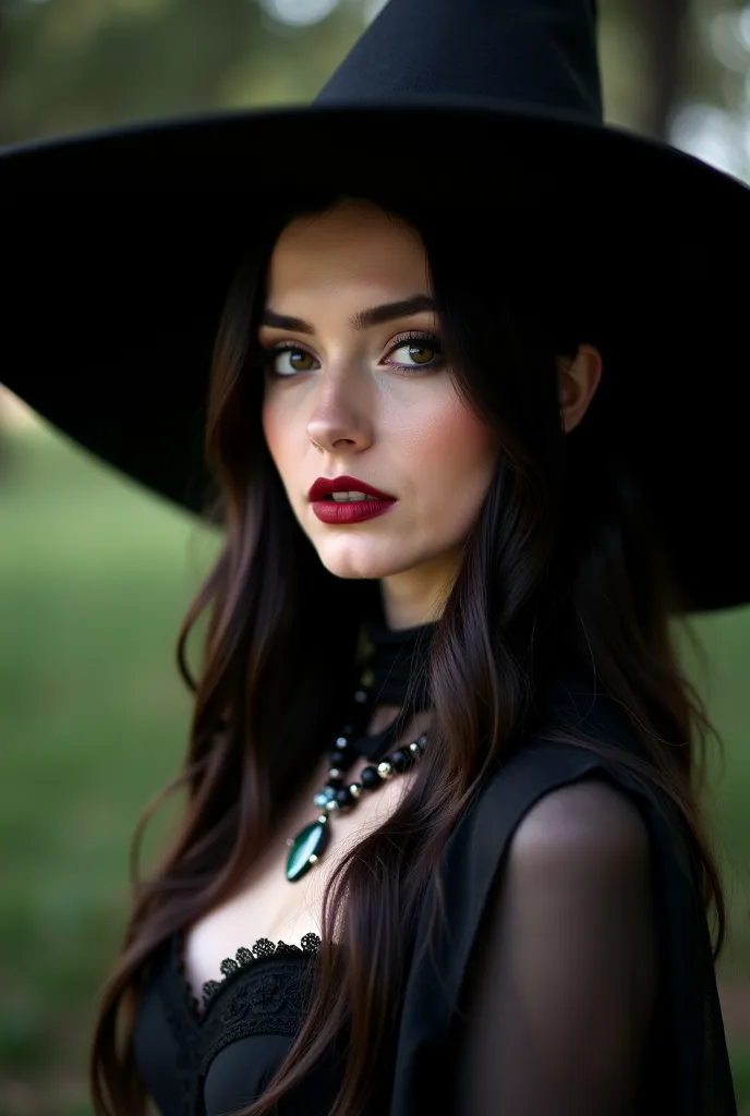 a close up of a woman wearing a black hat and a black dress, a photo of Emma Andijewska, tumblr, Gothic art, witch clothing, fashionable witch das trevas, roupas de witch, beautiful witch female, witch clássica, witch, chapéu preto de witch, linda witch, w...