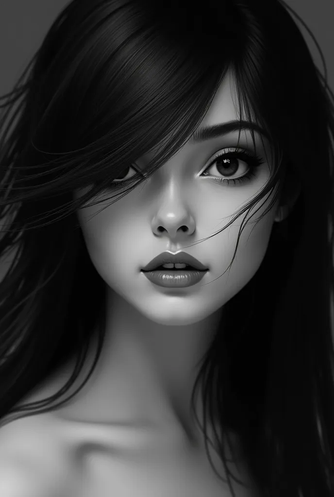 Create a feminine face partially covered by hair with simple black and white features 