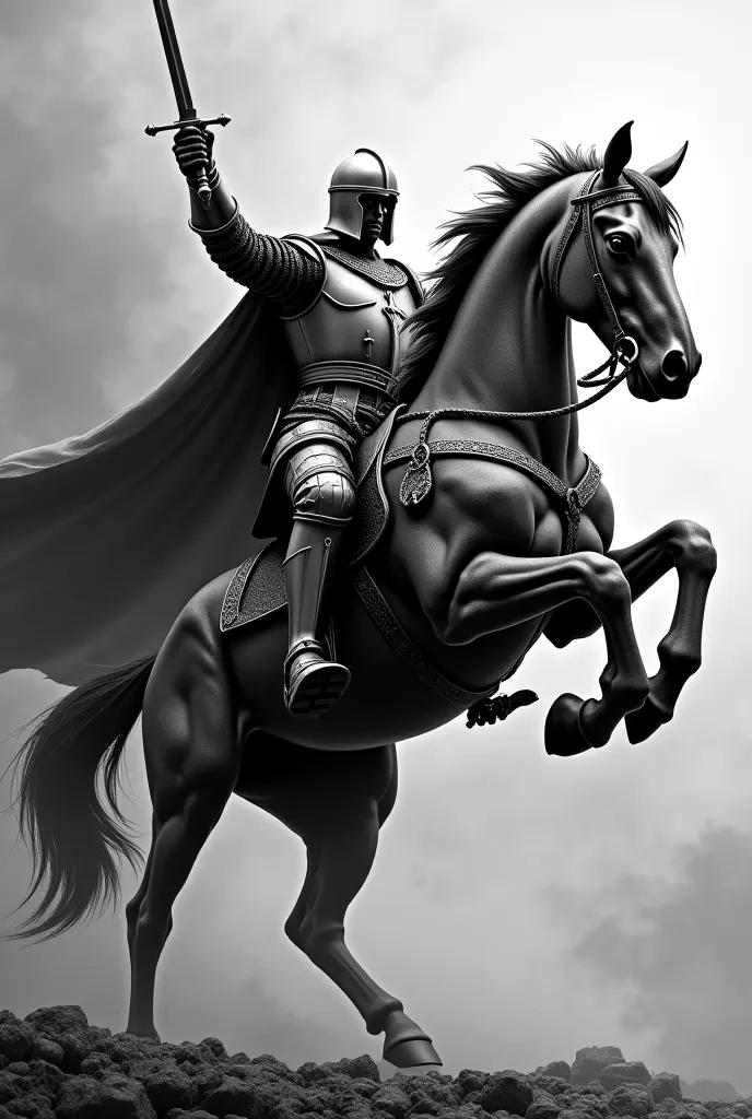 I want an epic-fantasy image,, 3d illusion, black and white with aggressive and fierce medieval knight threatening with a sword and screaming, riding a gorgeous aggressive horse, rearing on two legs, with excellent contrast to be laser engraved.