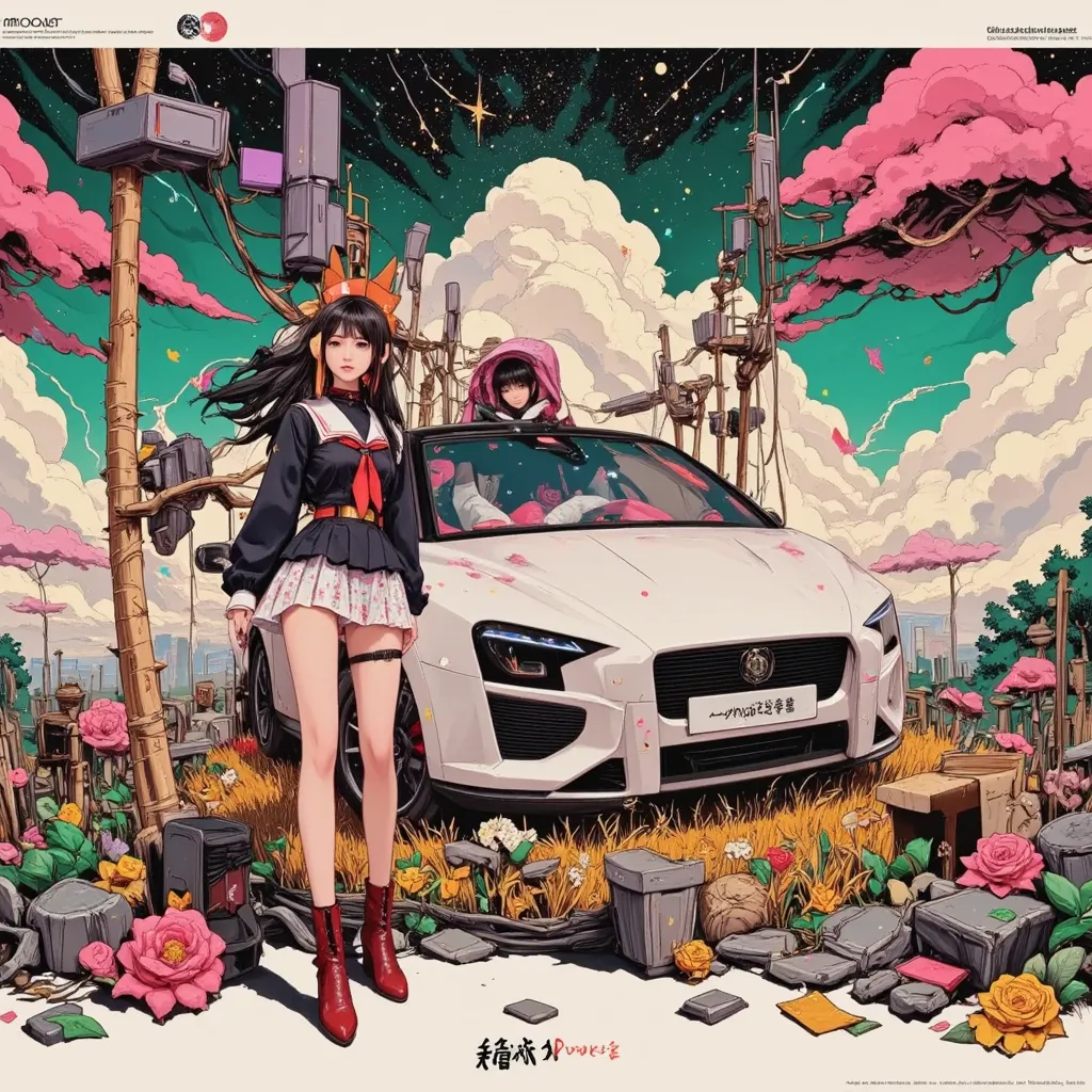 techno pop pop pop pop techno pop pop pop pop white electric car、Pen drawing, beautiful woman in sailor suit、、2000s Ultra Realistic Illustration、Holding a Hand Blaster、、white electric car, Korean、long hair、、white electric car雲と星のファッション、wearing a spacesuit ...