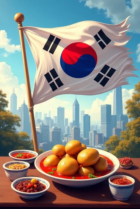  flag ,  Korean, With potatoes, CITY BACKGROUND, AND SAUCES ON TOP