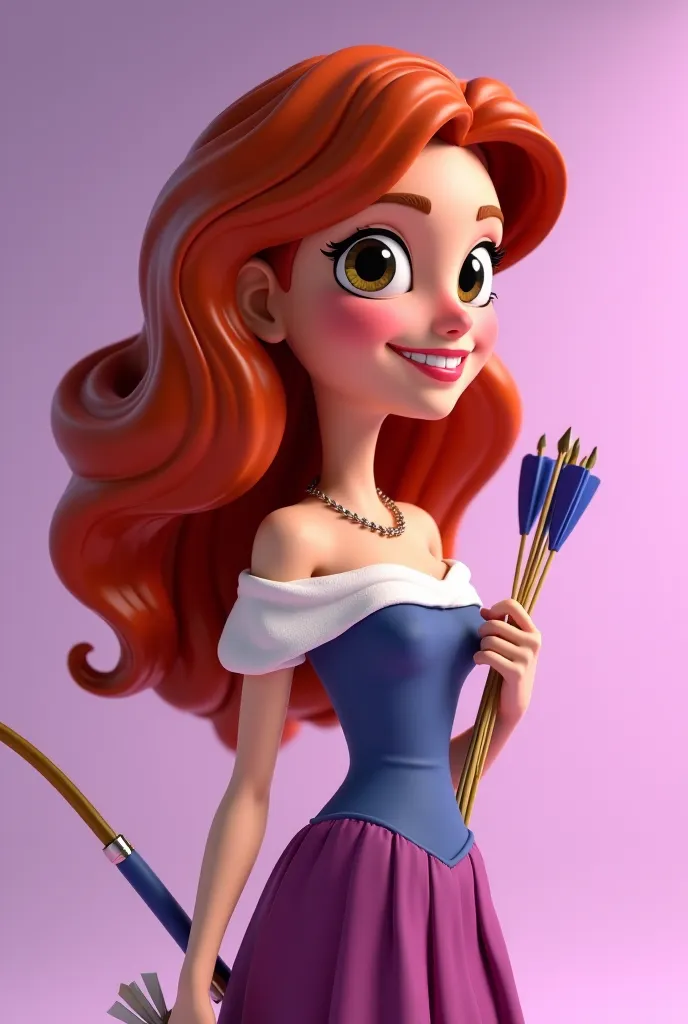 3D rendering in Disney Pixar style ,  Woman , Eyes black ,medium wavy copper red hair , metade  Woman e metade cavalo , a beautiful Sagittarian woman holding a bow and arrows. In hand, smooth lilac background  .