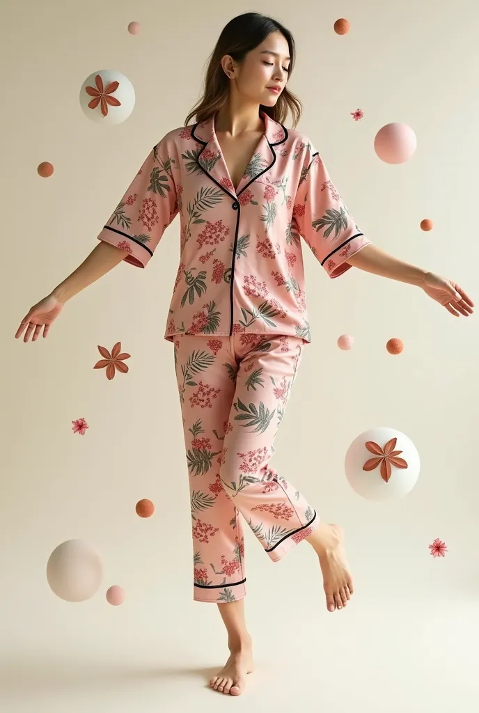 3D visualization and infographics of women's silk pajamas with a jungle-style print pattern. The pajamas float in the air, depicting a dance step, giving the composition lightness and elegance, tenderness. There's no clothes, the pajamas are floating in th...