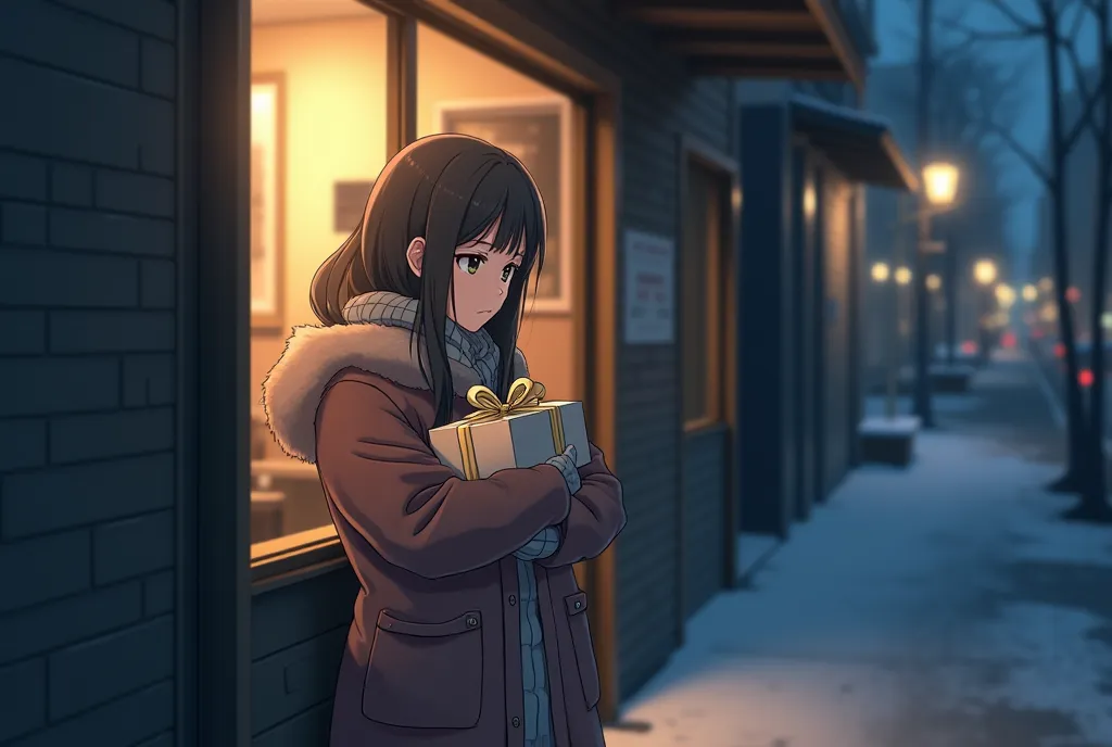 A girl stands closely against the exterior wall of a modern coffee shop building, dressed warmly in winter clothing. The streetlight softly illuminates her face as she clutches a beautifully wrapped present between her arms and body. Awaiting her lover, sh...