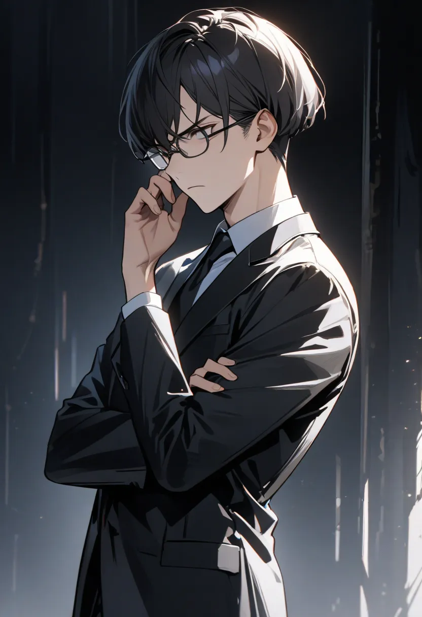 Ultra High Definition, Hi-Res, Hi-Res, Highest quality,  handsome　illustrations,  male　Glasses,　 expressionless, white background,  black suit, put on glasses, A man who seems serious, Stand with good posture, bob cut, short hair, Glaring bangs, Alone, adj...