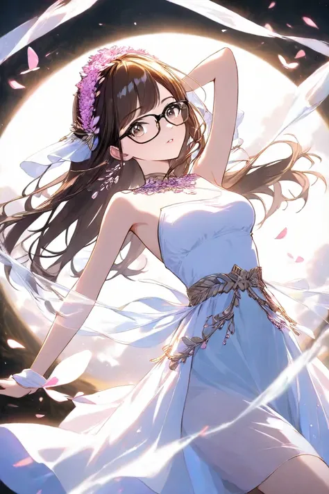 WHITE DANCER 　long brown hair　  pink flower headdress  　 medium chest　 Brush, Square black-rimmed glasses　Bust Emphasis　can see what's inside of the skirt　 low angle