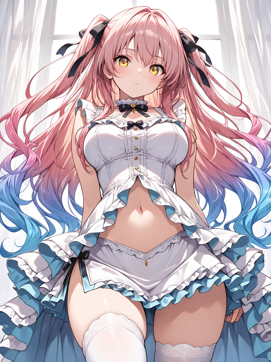 ((masterpiece, best quality, extremely detailed)), 1girl, pink hair, long hair, blue gradient hair, yellow eyes, hair ribbon, frilled dress, layered dress, navel, frilled skirt, layered skirt, side slit, white thighhighs, 