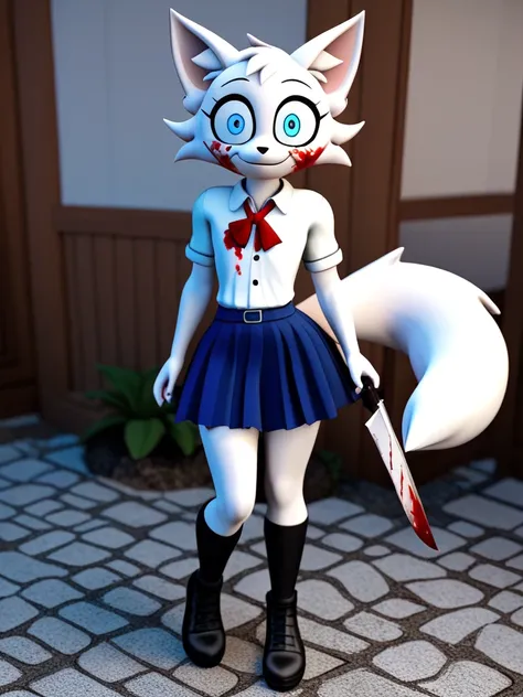 Wenda、full body、Solo、 score_9、 score_8_up、 score_7_up、feline、cat、anthro、furry、female、white fur、(heavily shaded white body, dark black shading on body, white body)、blood on body、holding a knife in hand、fluffy tail、psychotic smile、(wide eyes、fully open eyes ...