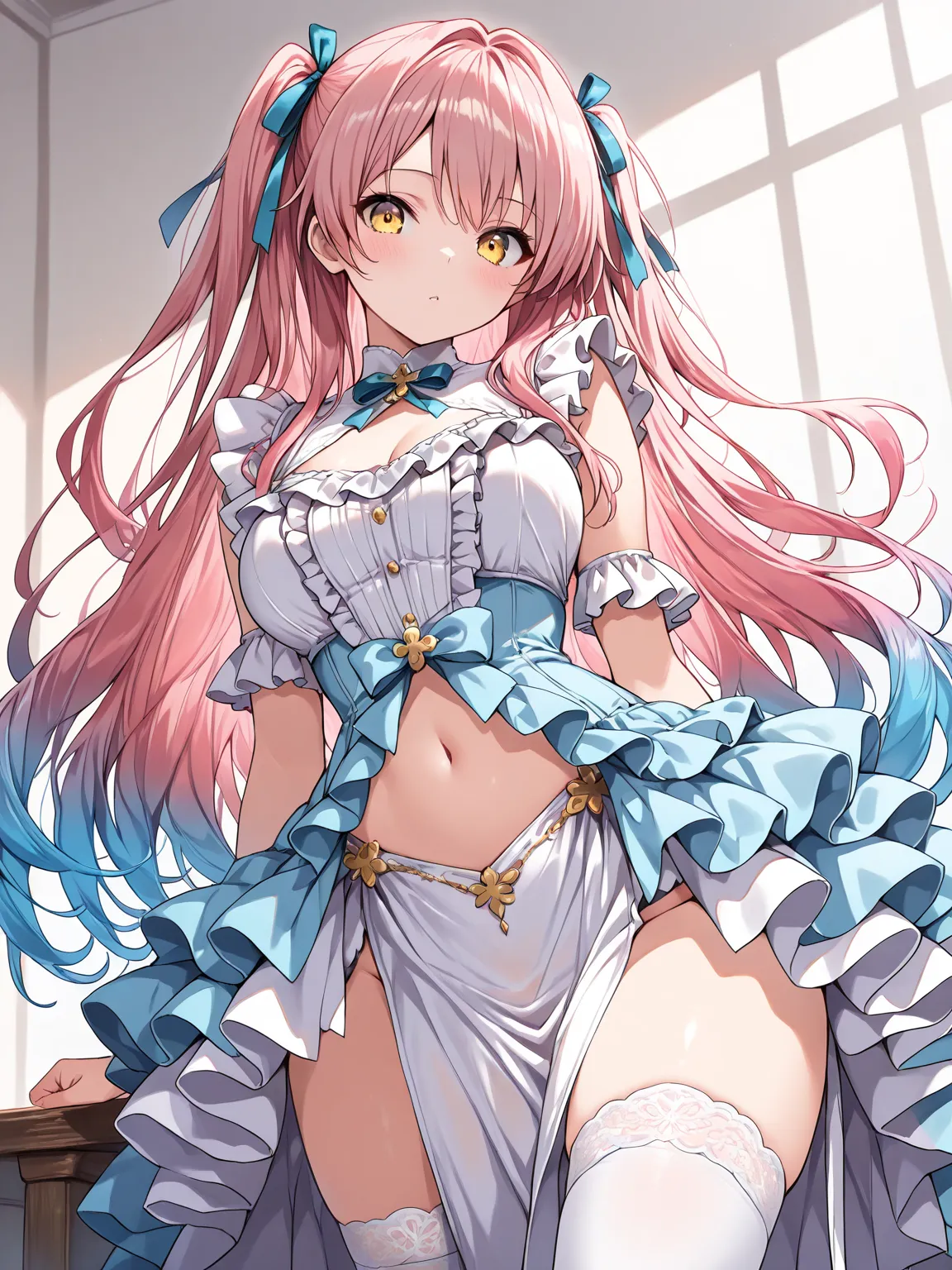 ((masterpiece, best quality, extremely detailed)), 1girl, pink hair, long hair, blue gradient hair, yellow eyes, hair ribbon, frilled dress, layered dress, navel, frilled skirt, layered skirt, side slit, pelvic curtain, white thighhighs, 