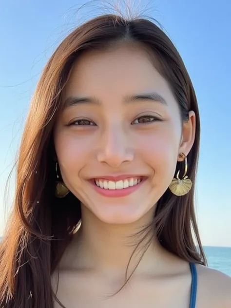 Japanese actress、Censorship off   、  Front shot photo 、high image quality ,8K image,  shiny skin,  my skin is beautiful,My skin is young,　yellow string bikini、 standing pose on the beach、Portrait photography from the front、　(  Photo Model :1.7), ( blue sky...