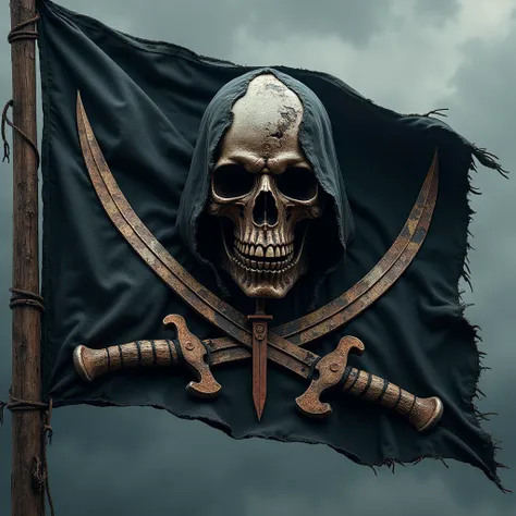 A fearsome pirate flag blending the iconic elements of Jack Rackham, Blackbeard, and Charles Vane’s flags with a menacing hooded demon skull at its center. The background is a weathered black banner, rippling in the wind. From Jack Rackham’s flag, crossed ...