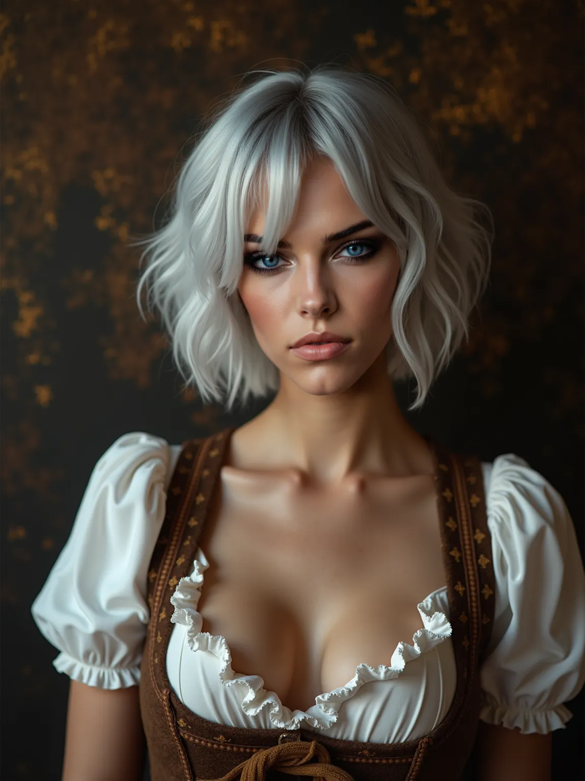 photographic, realistic, realism, cinematic photo, short silver hair, 
A seductive is a (bavarian beer girl:1.3),(wearing traditional bavarian attire), sharp focus, (by artgerm), (by arny freytag:1.2), erotic mood, (highly detailed face), realistic skin te...