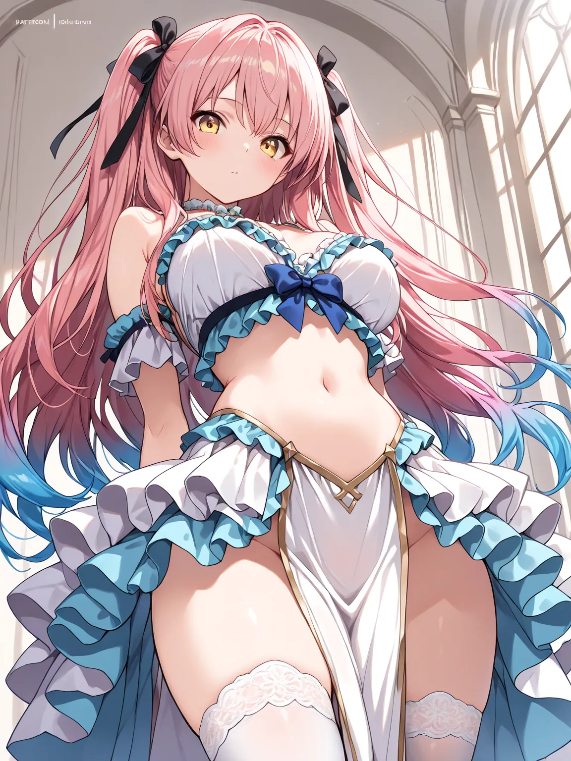 ((masterpiece, best quality, extremely detailed)), 1girl, pink hair, long hair, blue gradient hair, yellow eyes, hair ribbon, frilled dress, layered dress, navel, frilled skirt, layered skirt, pelvic curtain, white thighhighs, 