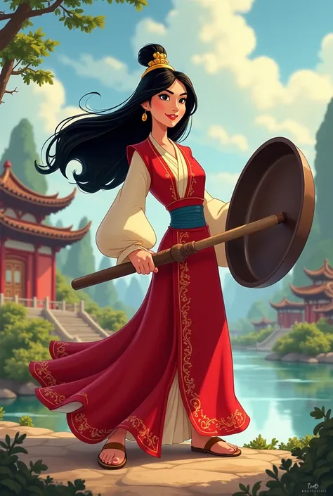 disney princess mulan, wielding a gigantic frying pan as a weapon, old disney cartoon style