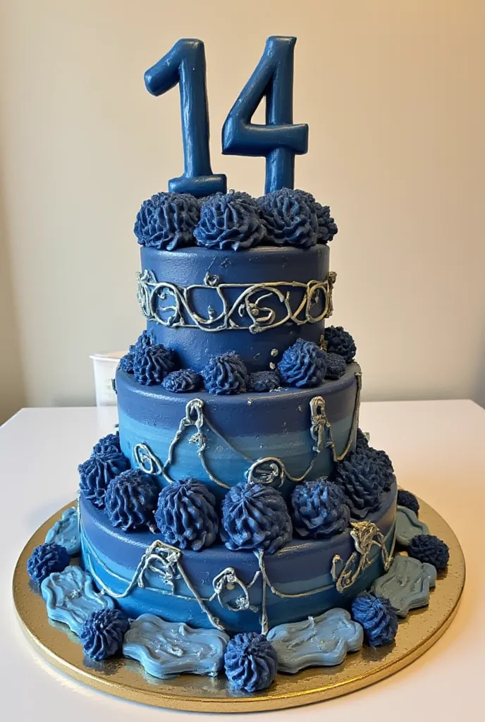 The navy blue birthday cake is super beautifully decorated and has the number 14 inserted on the top
