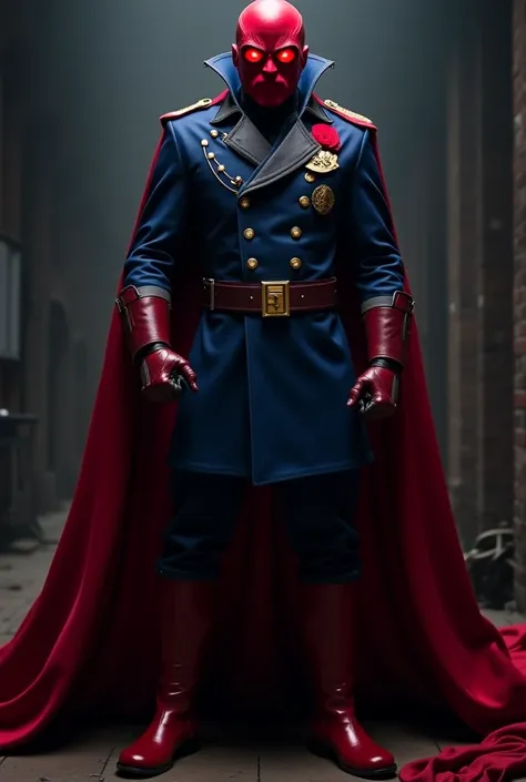 Prompt:
A sinister villain wearing a Nazi-style blue military coat with brass or silver accents, deep red boots, and a flowing red cape. The villain's face is covered by a simple full red cloth mask with no openings, but dark, ominous goggles where the eye...