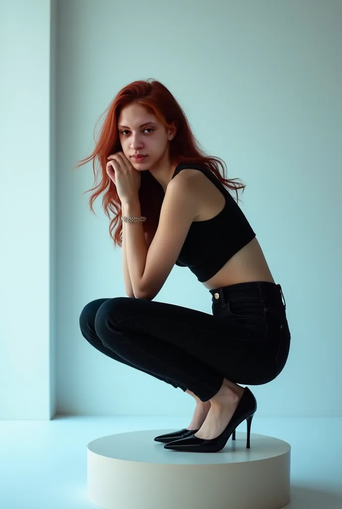 Create a my professional shoot keeping my facial features and hair without changing anything on my face , cabelo  cor ruivo borgonh cabelo longo seeds até a cintura , Look
Upper part: Tight and short black top.
 pants: high-waisted black jeans, cut challen...