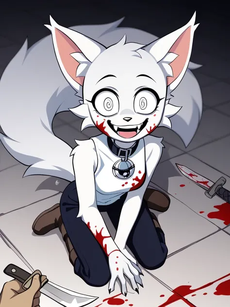 Wenda、full body、Solo、 score_9、 score_8_up、 score_7_up、feline、cat、anthro、furry、female、white fur、(heavily shaded white body, dark black shading on body, white body)、blood on body、holding a knife in hand、fluffy tail、psychotic smile、(wide eyes、fully open eyes ...