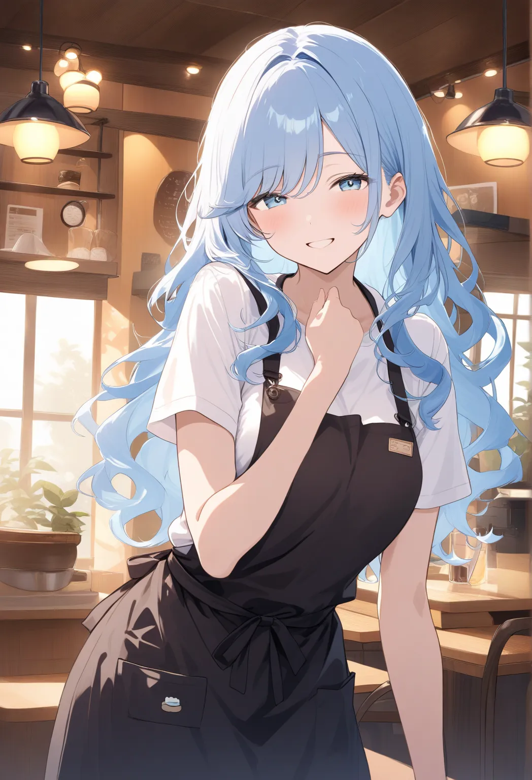 1girl, smile, white shirt, short sleeves, black apron, blue eyes, medium breasts, ((light-blue hair)), medium hair, slightly wavy hair, parted bangs, coffee shop cute background