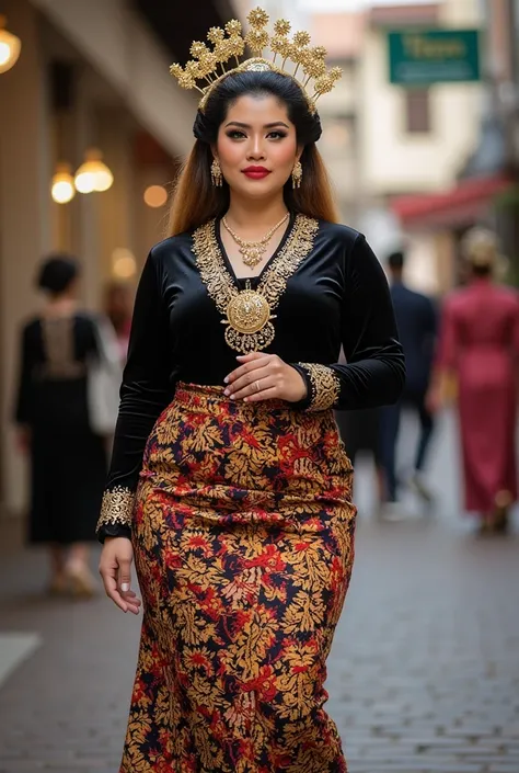 (masterpiece photography of a solo:1.2) (full body) alluring sexy curvy Javanese Woman Supermodel walking in style on Yogyakarta street, curvy, voluptuous, busty, thick, booty, open breasts, large breast, cleavage, sexy, exotics, erotic, (wearing kebaya se...