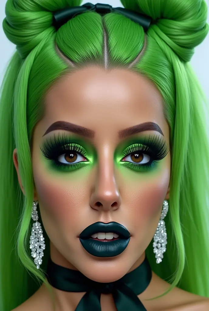 incredibly long and voluminous eyelash extensions, Loud laughter, bright green shadows,  green hair, straight and white teeth, two playful bundles of hair, ribbon collar,  diamond earrings , black lips, Bright eyebrows