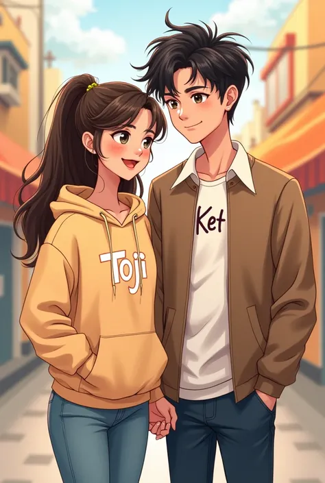  Cartoon couple with the sweatshirt written Toji and boy with the blouse written Ket 