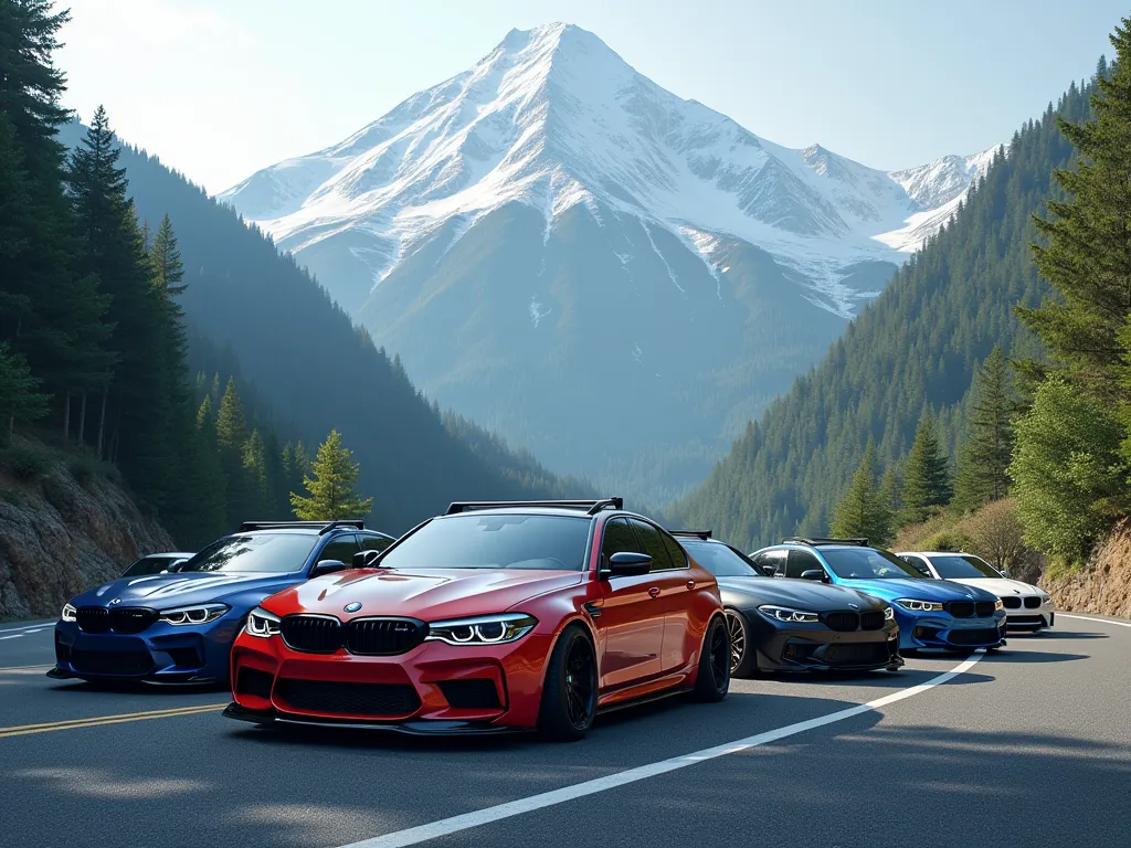 generate a picture of a car meeting of modified bmw in the moutian in japan