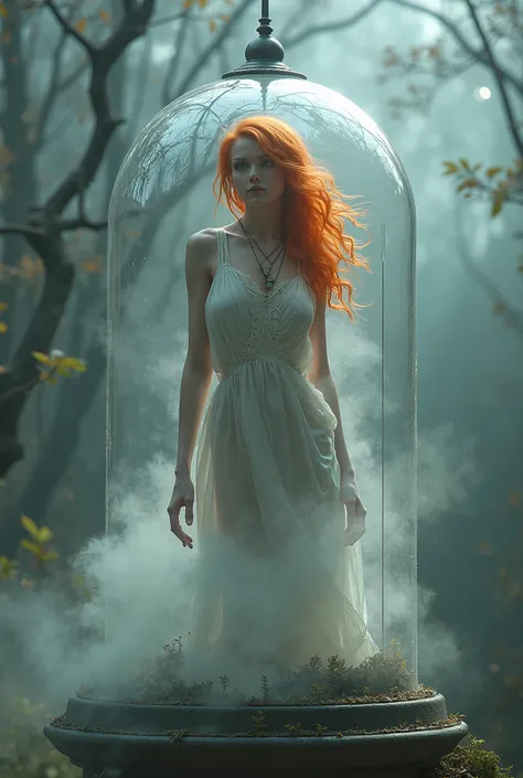 fantasy, a mysterious orange-haired woman in a glass sphere, created by mystical and mysterious mist, skin made by fog, (best quality,4k,8k,highres,masterpiece:1.2),ultra-detailed,(realistic,photorealistic,photo-realistic:1.37),hyperrealistic, intricate de...