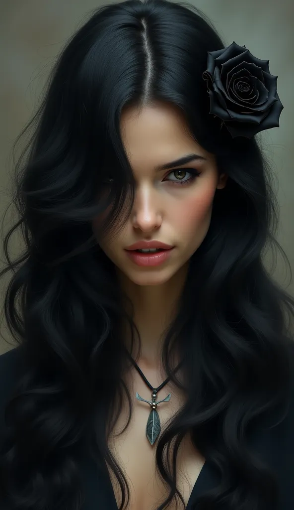 Formulate a woman dressed in black, long and wavy black hair, hair thrown aside, black rose on the left side, Realistic image