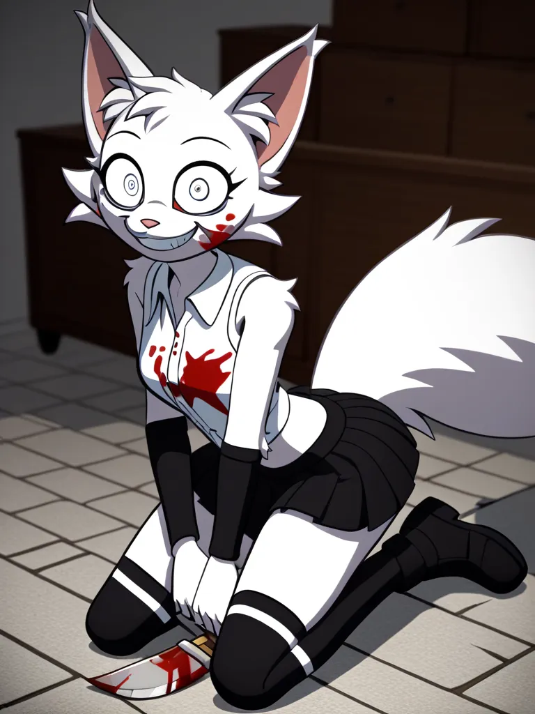 Wenda、full body、Solo、 score_9、 score_8_up、 score_7_up、feline、cat、anthro、furry、female、white fur、(heavily shaded white body, dark black shading on body, white body)、blood on body、holding a knife in hand、fluffy tail、psychotic smile、(wide eyes、fully open eyes ...