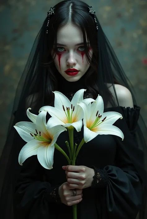 Vampire Girl, in a black big dress, in hands a bouquet of white lilies, and on the face there are bloody tears in the next