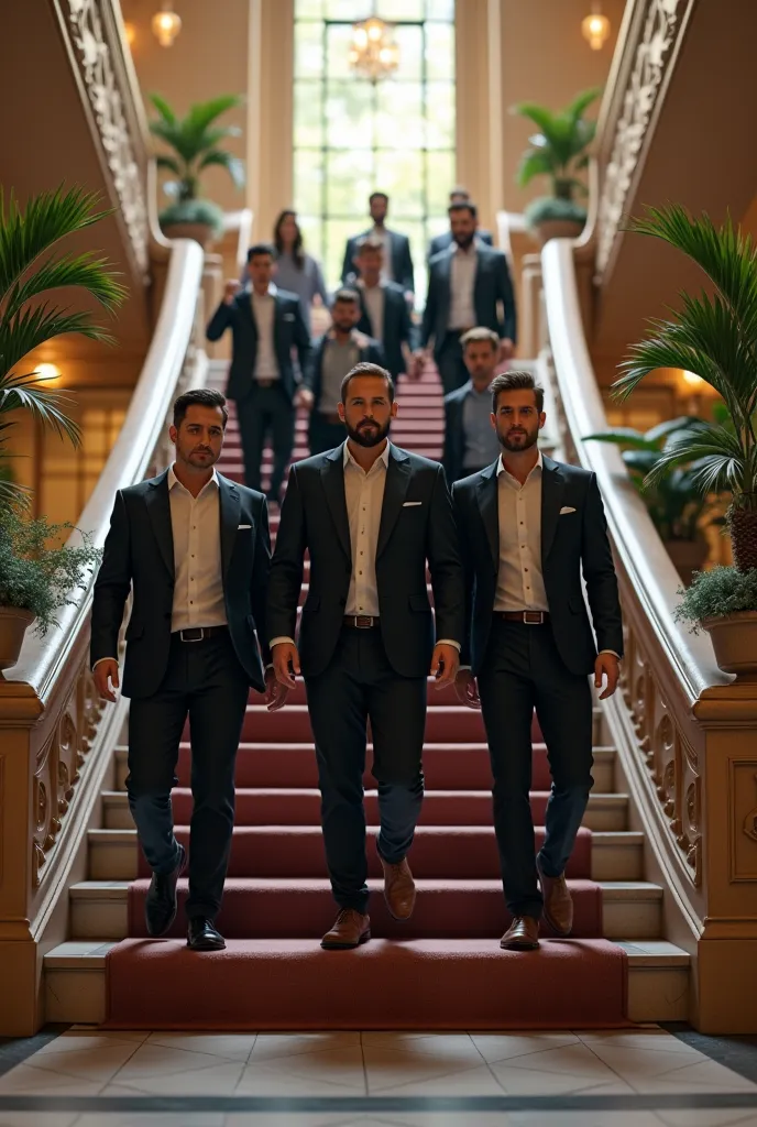 give me a picture of men without  wearing black suit and  walking on upstairs