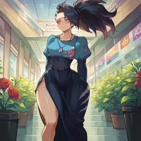 score_9, score_8_arriba,   source  _animated, 1 girl, Alone , AkaliBaddest, blue eyes,  eye shadow , long hair, multicolored hair, black hair,  by the blond hair, ponytail, dog tags, long knee-length dress with floral print, standing in a mall, hands behin...