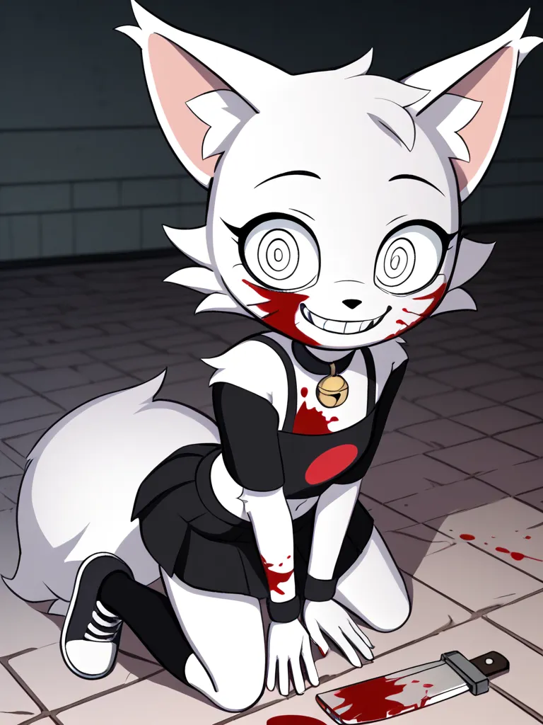 Wenda、full body、Solo、 score_9、 score_8_up、 score_7_up、feline、cat、anthro、furry、female、white fur、(heavily shaded white body, dark black shading on body, white body)、blood on body、holding a knife in hand、fluffy tail、psychotic smile、(wide eyes、fully open eyes ...