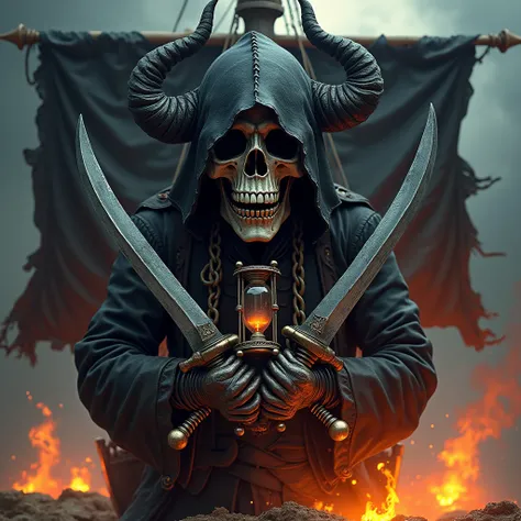 A fearsome pirate ship blending the iconic elements of Jack Rackham, Blackbeard, and Charles Vane’s flags with a menacing hooded demon skull at its center. The background is a tattered black banner, rippling in the wind. From Jack Rackham’s flag, crossed c...