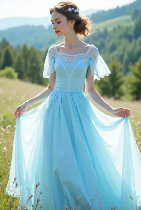 A fluffy and light blue dress with a modest neckline, short sleeve with cape