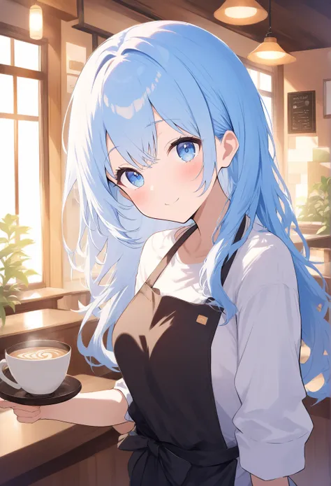 1girl, smile, white shirt, short sleeves, black apron, blue eyes, medium breasts, ((light-blue hair)), medium hair, bangs, coffee shop cute background