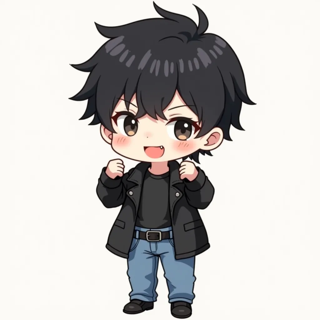  anime, cartoon,Chibi drawing, age boy Tall1, Korean style short hair , dandy cut hairstyles , black hair colour ,Double Ears Pierced , Make a face,with a sly smile,Both arms make a fist pose,มีอมยิ้ม🍭ติดอยู่บนหัว,Wearing a black leather dress,Black inner ...