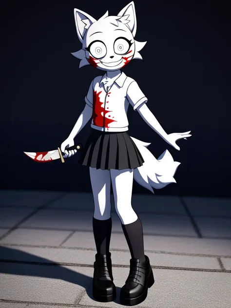 Wenda、full body、Solo、 score_9、 score_8_up、 score_7_up、feline、cat、anthro、furry、female、white fur、(heavily shaded white body, dark black shading on body, white body)、blood on body、holding a knife in hand、fluffy tail、psychotic smile、(wide eyes、fully open eyes ...