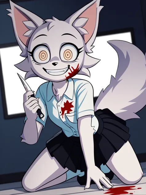 Wenda、full body、Solo、 score_9、 score_8_up、 score_7_up、feline、cat、anthro、furry、female、white fur、(heavily shaded white body, dark black shading on body, white body)、blood on body、holding a knife in hand、fluffy tail、psychotic smile、(wide eyes、fully open eyes ...