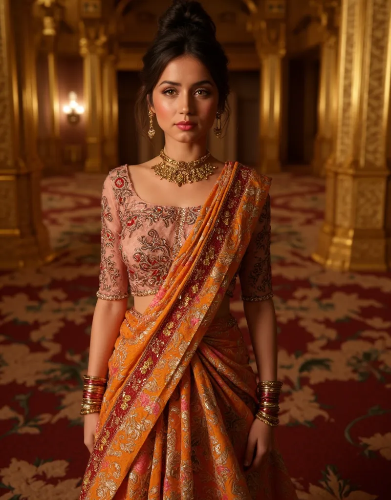 beautiful woman wearing indian saree and jewellery, hyper realistic, detailed facial features, elegant posture and expression, standing in ornate palace interior, golden architectural details, intricate textile patterns, warm lighting, cinematic compositio...