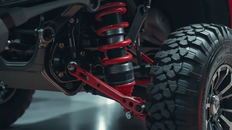 A cinematic ultra HD 8K image of the Nissan Patrol Nismo 2026’s upgraded suspension system in close-up. The advanced shock absorbers and reinforced chassis are illuminated under showroom spotlights, showcasing the SUV’s off-road performance engineering.  
